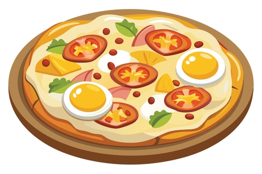 Delicious Egg and Tomato Pizza on Wooden Board, Appetising Creamy Close-up Shot - Professional digital artwork with vibrant colors and detailed composition vector