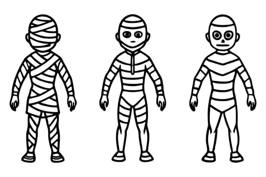 Three Spooky Mummy Cartoon Characters in Halloween Costumes, Standing in a Row, Black and White Line Art Illustration vector