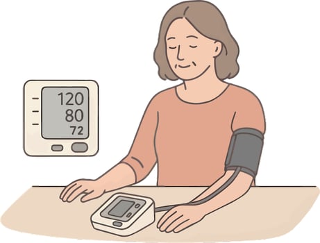 a woman is sitting at a table with a blood pressure monitor vector
