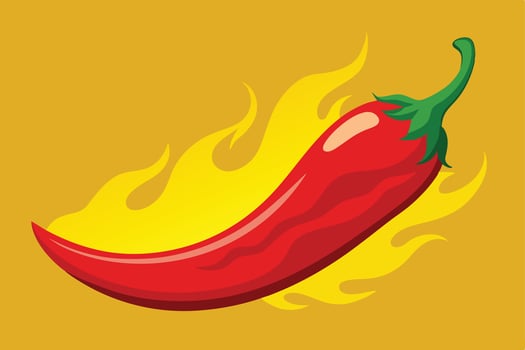 Fiery Red Chili Pepper Burning with Intense Heat on Yellow Background Spicy Food Illustration - Professional digital artwork with vibrant colors and detailed composition vector