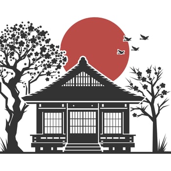 Traditional Japanese house scene with wooden structure, natural tones, and ideal for calm cultural designs. vector