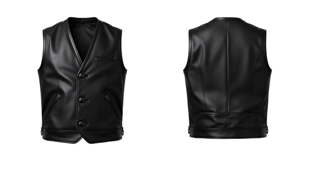 Two black leather vests with buttons on the front png