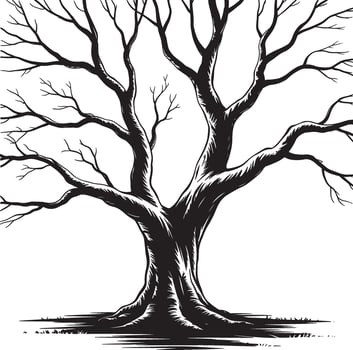 Striking black and white illustration of a large bare tree with intricate branches vector