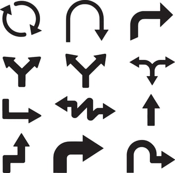 Collection of black arrow icons representing direction change and movement on a white background vector