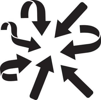 Multiple black arrows converging towards a central point on a white background vector