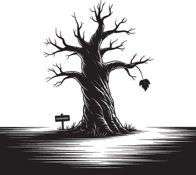 Silhouette of a bare gnarled tree with a single leaf and a remember sign vector