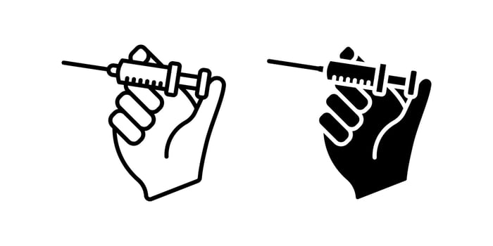 Syringe icon set. Minimalist line drawing of a hand holding a syringe, representing medical injection, vaccination, treatment, and healthcare concepts. Available in outline and solid fill version. vector