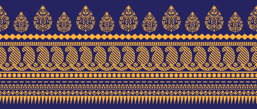 Geometric and floral ethnic graphic designs in blue, yellow and pink on a black background are templates vector