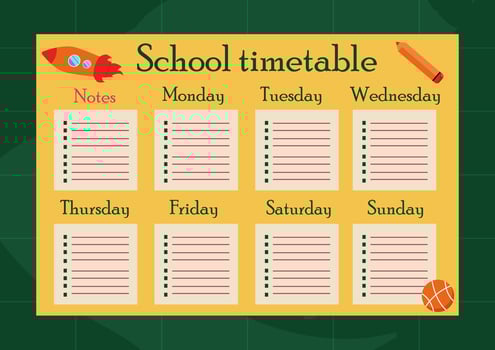 Weekly planner, a template for the resumption of school with a rocket, a ball, and a pencil. A design element for children. illustration in a flat style vector