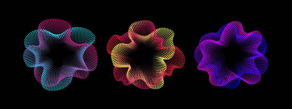 Set of multicolored neon abstract sound dots wave oscillations. Sound curve. Digital equalizer. Colorful template for music poster and banner. radial spectrum. vector