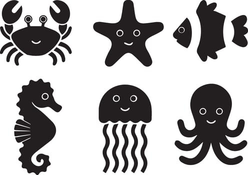 Cute Black Sea Creature Silhouettes Set vector