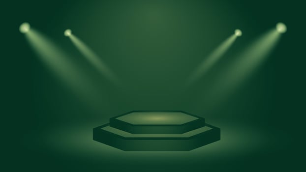 Modern green hexagon podium background illuminated by spotlights perfect for product display, events, presentations, and stylish advertising designs in a clean and elegant scene. vector