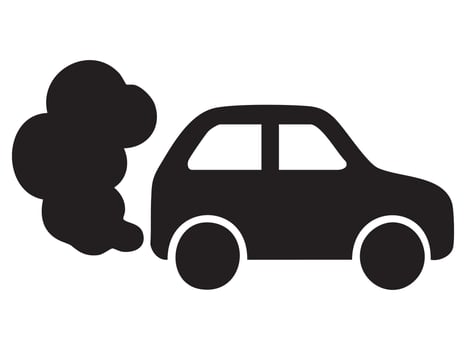 Black silhouette of car emitting smoke, isolated on white background, graphic illustration. concept of pollution, environment, air quality, emission, eco-awareness, design element vector