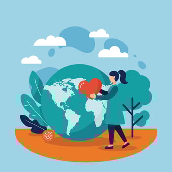 Woman Holding Red Heart Near Globe and Green Plants in Environmental Awareness Concept Illustration vector