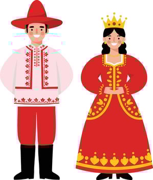 Traditional folk man and woman in red costume with crown and hat illustration vector