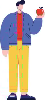 Man holding red apple wearing blue jacket and yellow pants illustration vector