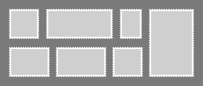 Set of postage stamps. Post stamp frame and border. Grey square and rectangular template for mail, postcard, letter. Jagged wavy edge forms. Vintage objects for poster, banner, badge, sticker. vector