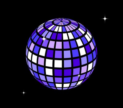 Purple disco ball with sparkles. Shining mirror spheres with stars. Night club mirrorball element for poster, banner, music cover, party. Blue retro wireframe globe or planet. vector