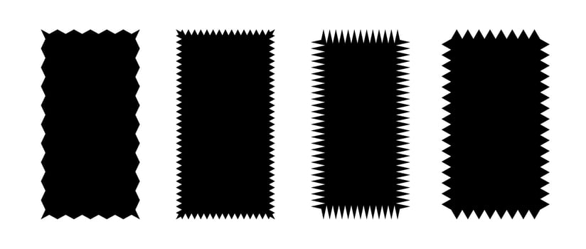 Zig zag edge rectangular shapes collection. Jagged rectangle patches set. Black graphic design elements for decoration, banner, poster, template, sticker, badge, collage. vector