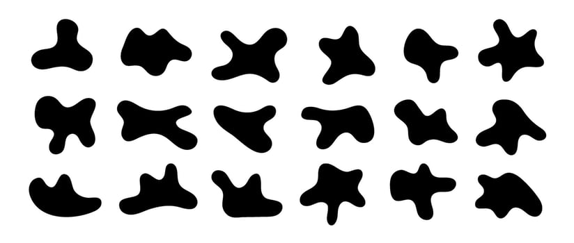 Abstract organic shapes set. Irregular liquid forms collection. Black amoeba blobs, blotches, drops and stains pack. Various design elements for label, sticker, banner, bubble, label. vector