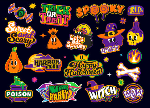 Colorful Halloween-themed stickers collection vector
