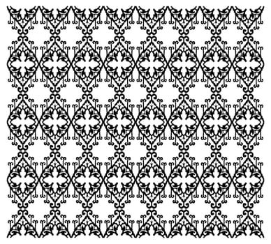 Black and white damask pattern featuring intricate floral and ornamental designs in a repeated grid layout. vector