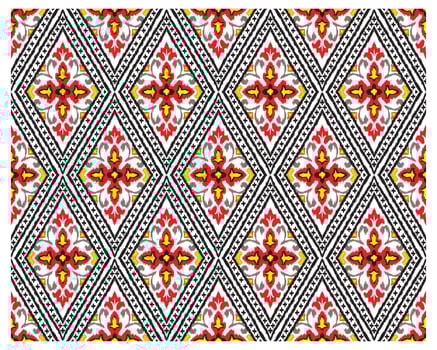 Bold paisley diamond patterned fabric featuring intricate floral motifs in red, yellow, and gray against a black and white background. vector