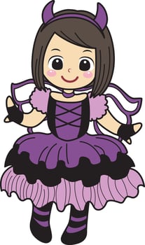 Girl with violet fairy costume kids costume in halloween party. vector
