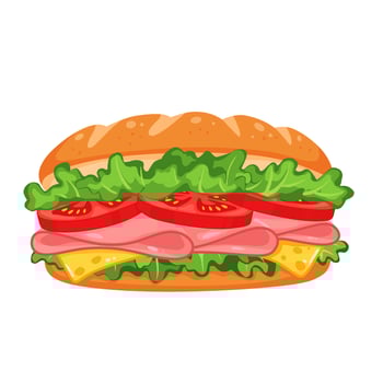 Colorful cartoon sandwich with lettuce, tomato, and meat. Tasty and playful illustration ideal for food-related content, menus, or kids design vector
