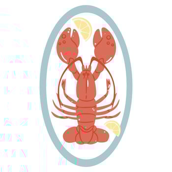 Simple illustration of a cooked lobster on a plate with lemon slices, perfect for seafood and gourmet food themes. vector
