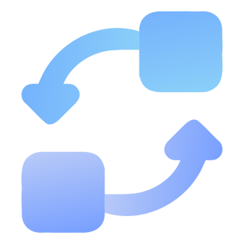 Two blue rounded squares connected by curved arrows in a circular motion isolated on transparent background png