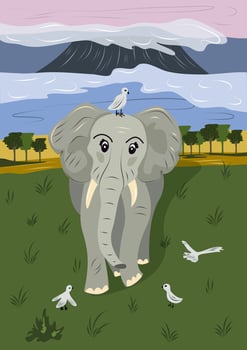 African elephant surrounded by birds with a backdrop of savannah and mountains. Children cute animal illustration. vector