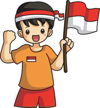 A man bring a flag. Banner of Indonesian Independence Day with text Dirgahayu Indonesia 17 August and image of people holding the flag vector