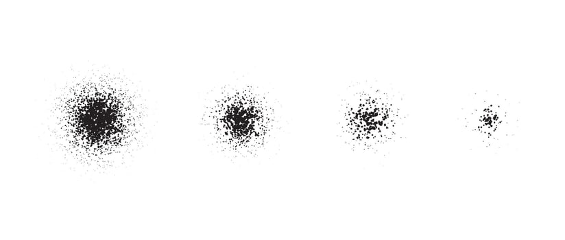 Stippled radial brush stroke set. Grain gradient collection. Grunge sprinkle spray texture. Dirty dust or sand noise round elements. Splattered dotted overlay. Grungy splashed stains spots pack vector
