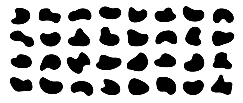 Abstract organic shapes collection. Irregular liquid forms set. Black amoeba blobs, blotches, drops and stains pack. Different design elements for label, sticker, banner, speech bubble. vector