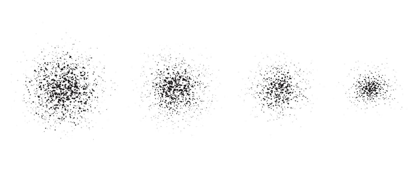 Stippled radial brush stroke set. Grain gradient collection. Grunge sprinkle spray texture. Dirty dust or sand noise round elements. Splattered dots overlay. Grungy splashed stains spots pack vector