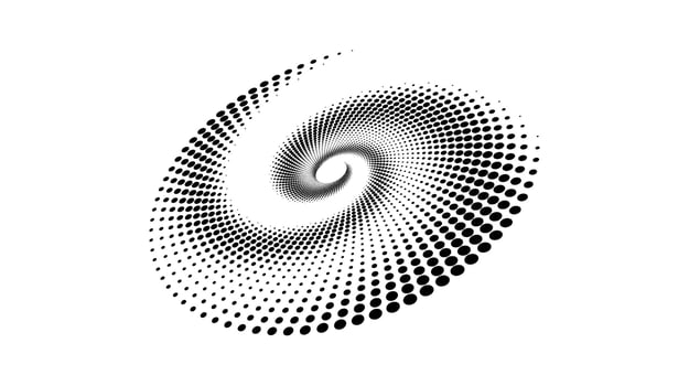Dotted slanted spiral element. Radial spinning halftone texture. Circle swirl dots shape in perspective. Abstract background for poster, banner, logo, icon, collage, decoration, tag, emblem. vector