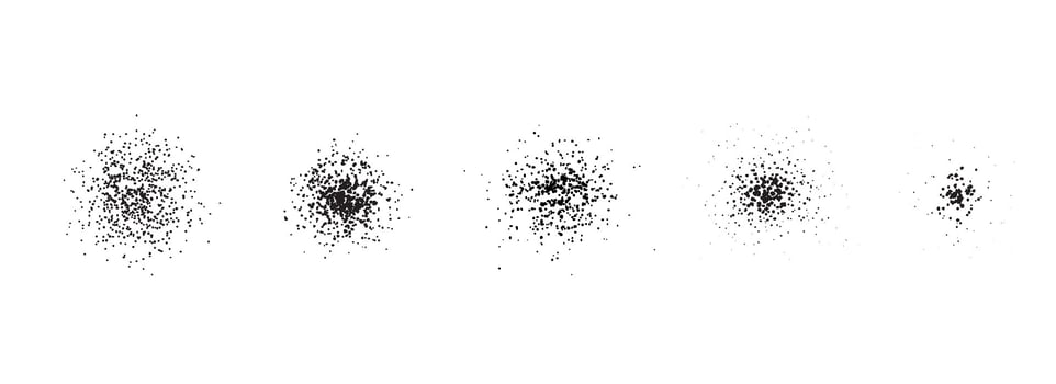 Stippled radial brush strokes. Grain dotted gradient collection. Grunge sprinkle spray texture. Dirty dust sand noise round element set. Splattered dotted overlays. Black splashed stains spots vector
