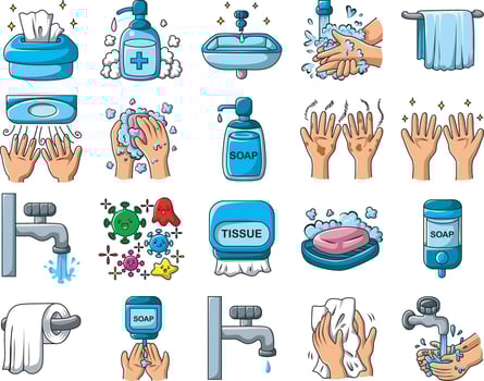 Variation of hand wash elements. Hand wash icons for education vector