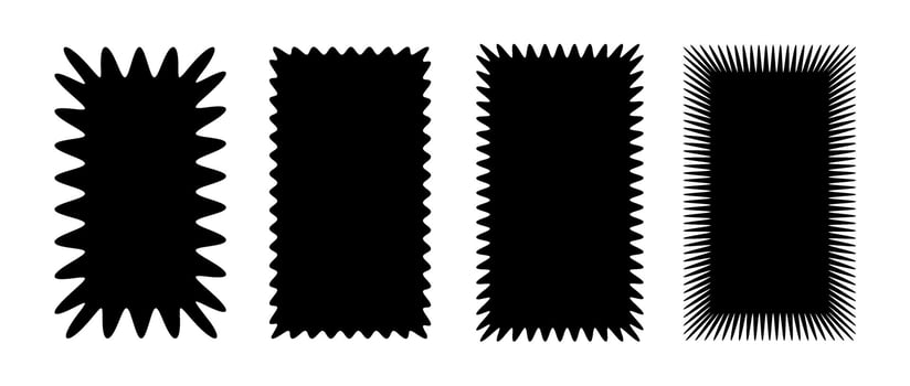 Zig zag edge rectangular shapes collection. Jagged rectangle patches set. Black graphic design elements for decoration, banner, poster, template, sticker, badge, collage, label. vector