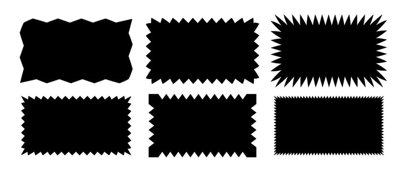 Zig zag edge rectangle shape collection. Jagged rectangular elements set. Black graphic design elements pack for decoration, banner, poster, template, sticker, badge, label, tag. vector