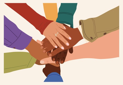 Hands of diverse business people putting together vector