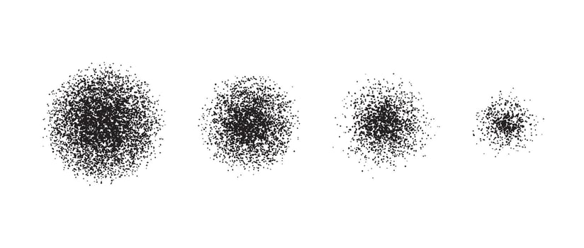Stippled radial brush stroke set. Grain gradient collection. Grunge sprinkle spray texture. Dirty dust or sand noise round elements. Rough splashed stains spots pack. Splattered dots overlay vector