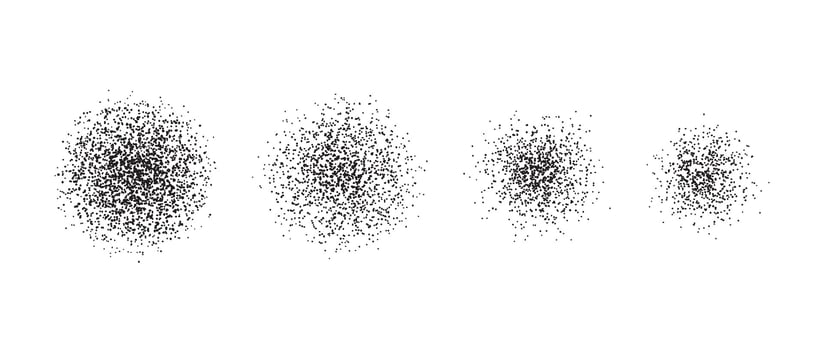 Stippled radial brush stroke set. Grain gradient circle collection. Grunge sprinkle spray texture. Dirty dust or sand noise round elements. Rough splashed stains spots pack. Splattered dots vector
