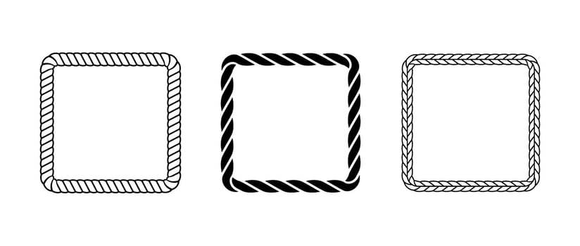 Rope frame set. Squared cord border collection. Rectangular rope loop pack. Chain, braid or plait border bundle. Square design elements for decoration, banner, poster. Decoration frames vector
