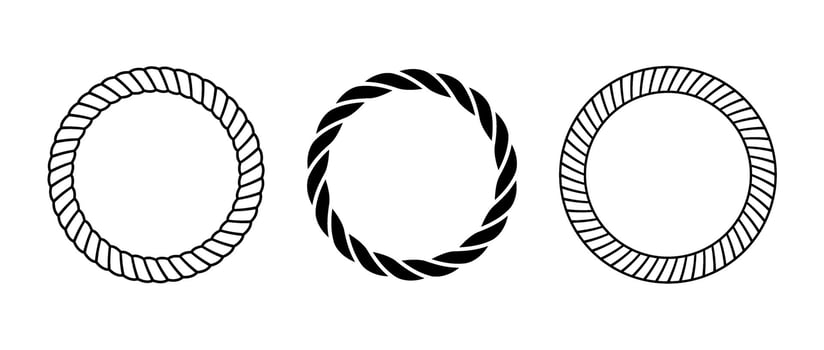 Rope frame set. Round cord border collection. Circle rope wreath loop. design, frame. Chain, braid or plait border bundle. Circular design elements for decoration, banner, poster. vector