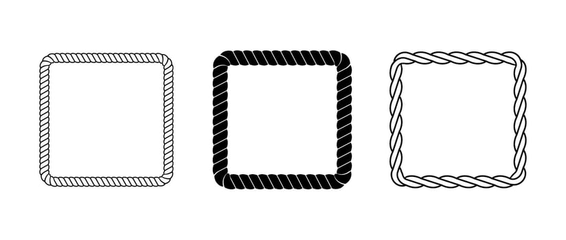Set of rope frames. Squared cord border collection. Rectangular rope loop pack. Chain, braid or plait border bundle. Square design elements for decoration, banner, poster. Decoration frames vector