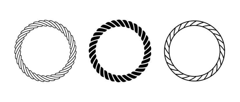 Rope frame set. Round cord border collection. Circle rope wreath loop pack. Chain, braid, plait border bundle. Circular design elements for decoration, banner, poster. Decorative frames vector