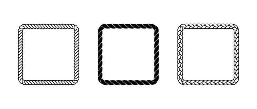 Set of rope frames. Squared cord border collection. Rectangular rope loop pack. Chain, braid or plait border bundle. Square design elements for decor, banner, poster, booklet. Decoration frames vector