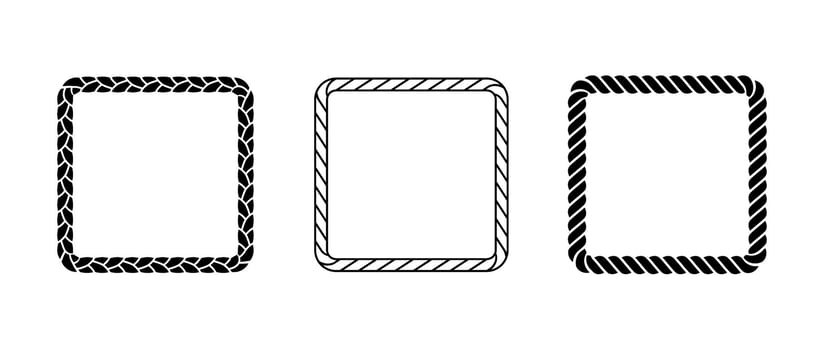Rope frames. Squared cord border collection. Rectangular rope loop pack. Chain, braid or plait border bundle. Square design elements for decor, banner, poster, booklet. Decoration frames vector